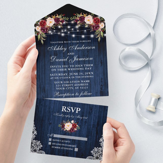 Luzes de rendas de madeira azul floral de casament (All In One Wedding Invitation with tear off RSVP Card)