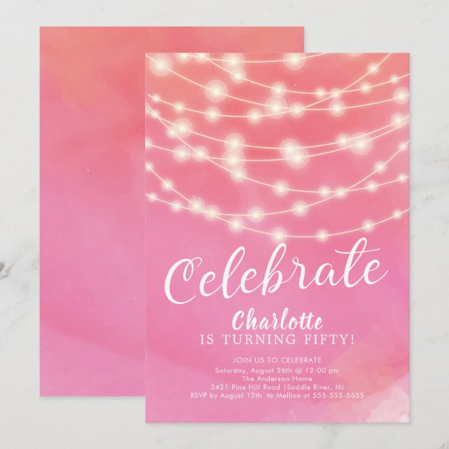 Luzes de String Celebram Convite de Aniversário pa (Frente/Verso)