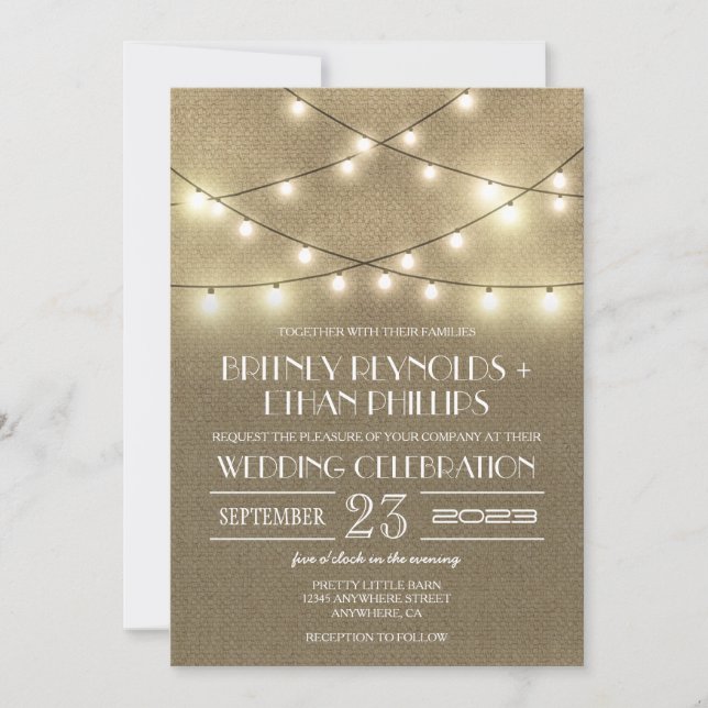 Luzes de String + Convites de Casamento de Burlap  (Frente)