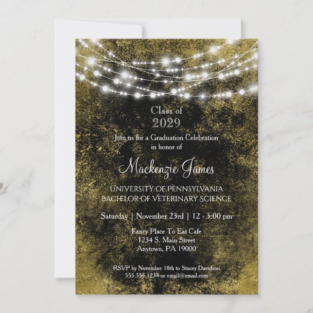 Luzes Douradas pretas Convite à Festa de formatura (Frente)