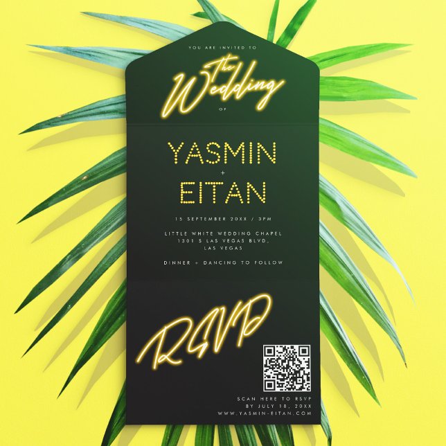 Luzes Neon Amarelo Código QR Casamento Preto (Neon Lights Yellow Black QR Code Wedding All In One Invitation)