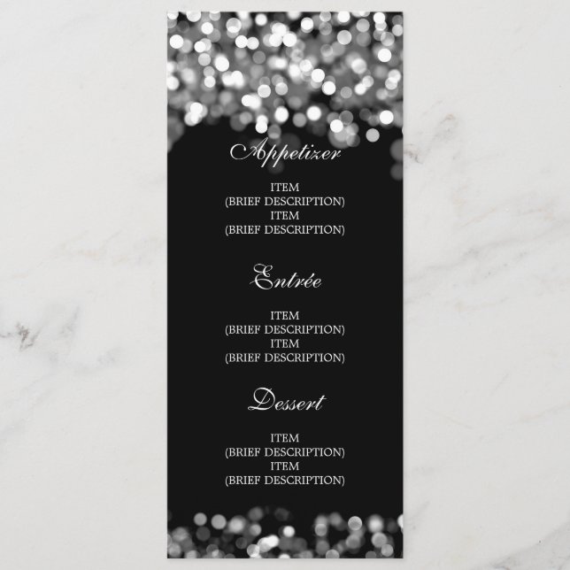 Luzes prateadas do menu de casamento elegante (Frente)