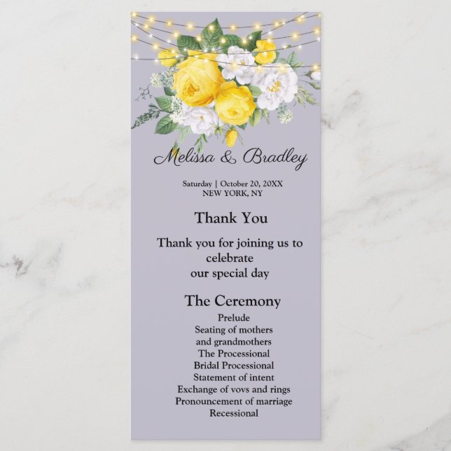 Luzes Rústicas Menu de Casamento Floral Amarelo Pr (Frente)