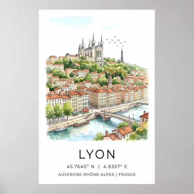Lyon Cidade Impressão Aquarela Skyline e Pedra (Frente)