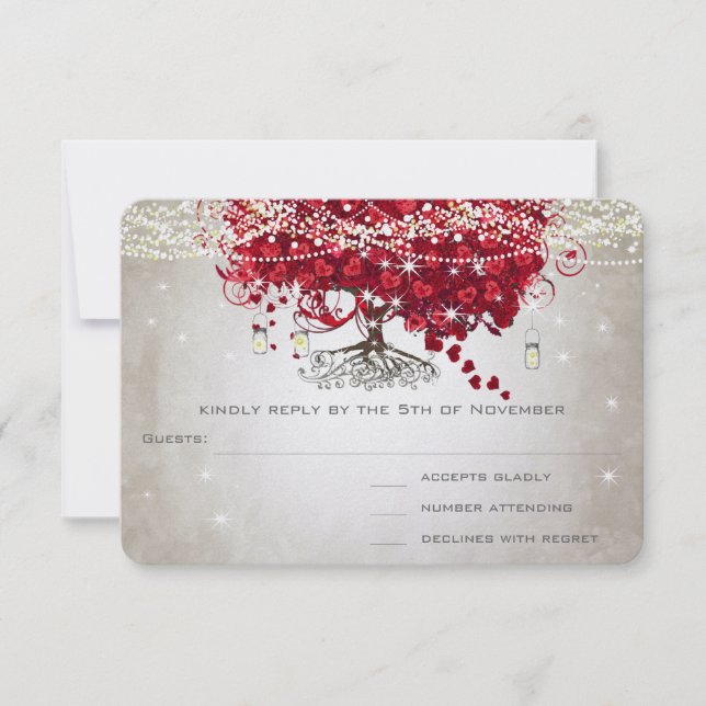 Maçã Vermelho Coração Folha Casamento RSVP (Frente)