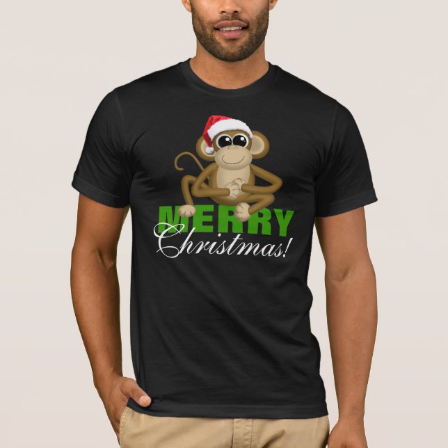 Macaco do chapéu do papai noel - camisa preta do (Frente)