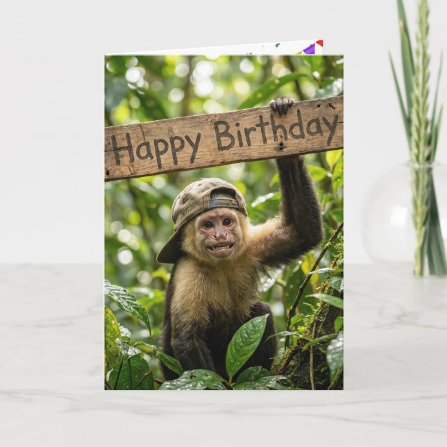 Macaco segurando um cartão de Feliz Aniversário (Frente)