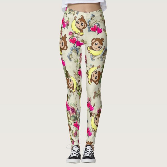 Macacos Bananas Corações Rosa Leggings Florais (Frente)