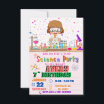 Mad Science Convite de aniversário for Girl<br><div class="desc">Surpreenda seus hóspedes com esse colorido convite de aniversário científico para uma menina que apresenta elementos científicos como ferramentas experimentais e um cientista realizando um experimento, pontos coloridos são para o fundo. Basta adicionar os detalhes do seu evento neste modelo fácil de usar para torná-lo um convite de tipo único....</div>