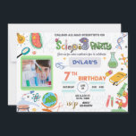 Mad Science Party, Convite de Aniversário do Cient<br><div class="desc">Surpreenda seus hóspedes com este colorido convite de aniversário de ciência com elementos de ciência germes microscópio ferramentas de experimentos no globo, você pode adicionar a foto de seu filho e uma foto para o fundo. Basta adicionar os detalhes do seu evento neste modelo fácil de usar para torná-lo um...</div>