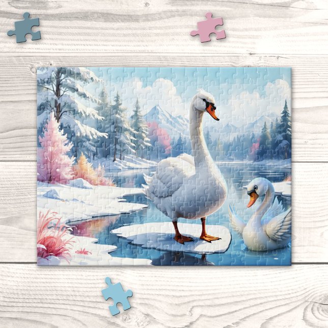 Mãe e bebê Swan Quebra-cabeça de inverno (Lovely puzzle featuring a mom and baby swan in a winter wonderland scene - Christmas - animals)