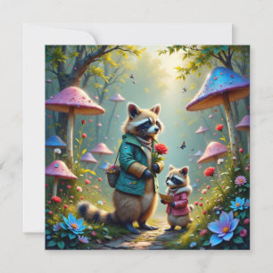 Mãe e Criança Raccoon a caminho de uma festa