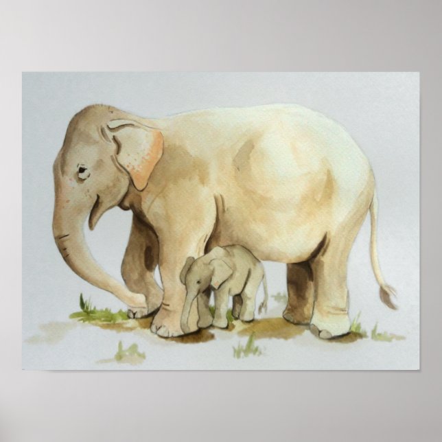 Mãe elefante e Impressão de Aquarela bebê 16x12 (Frente)