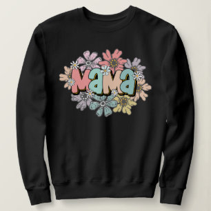 Mãe Pullover Black Retro Mama Floral Sweshirt