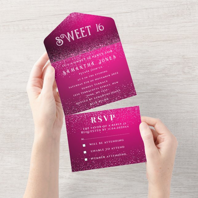 Magenta Fuchsia Glitter Sparkle Modern Sweet 16 (Aba destacável)