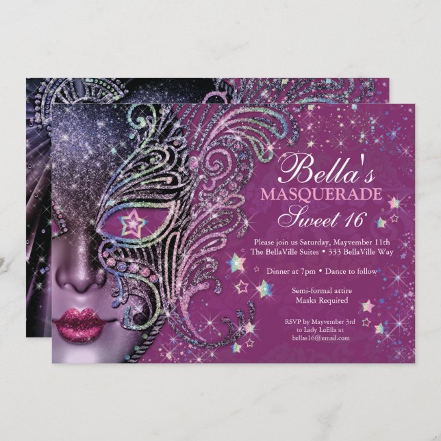 Magenta Galaxy Mascarada Sweet 16 Convite (Frente/Verso)