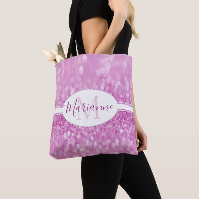 Magenta Glitter Personalize Tote Bag (Close Up)