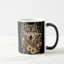Caneca com um lobo majestoso e natureza floral