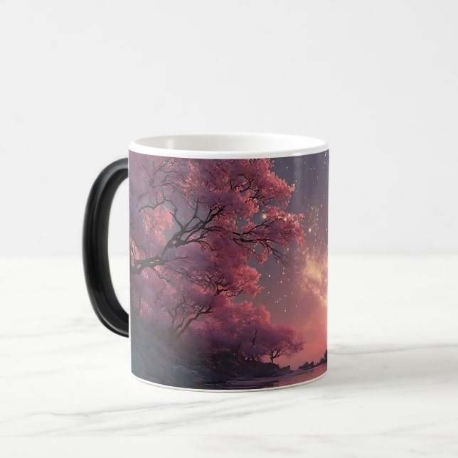 Mágica Caneca de Café com Árvore Florida Rosa Mística Céu (Frente Esquerda)