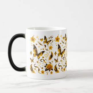 Mágica Caneca Floral Borboleta Dourada | Alça Preta Elega