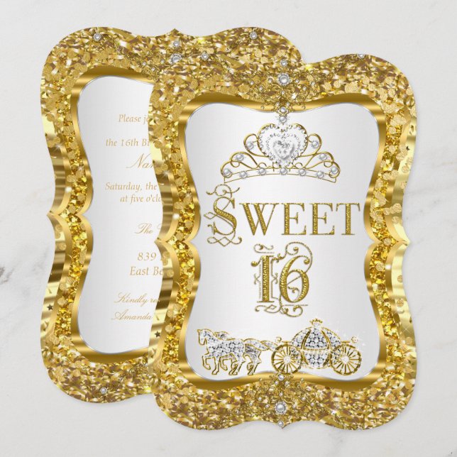 Magical Tiara Princess Sweet 16 Dourado Convite Br (Frente/Verso)