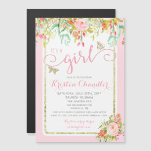 MAGNET Butterfly Girl Floral Rosa Baby Convite