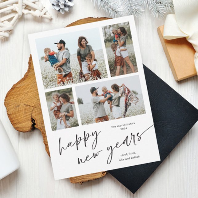 Magnet de Felizes anos novos de Script de Colagem  (Simple black and white script happy new years 4 photo collage new years card holiday magnetic card.)