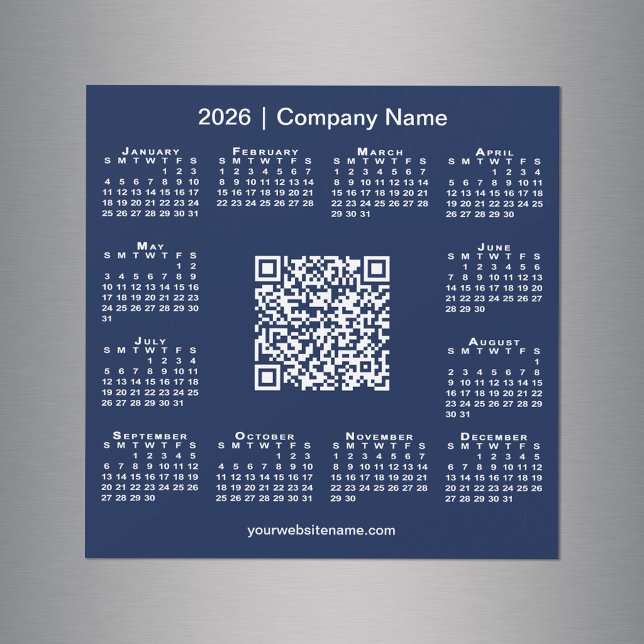 Magnet de Marinho de Código QR para Empresas Perso (2026 Calendar Custom Business QR Code Navy Magnet in situ)