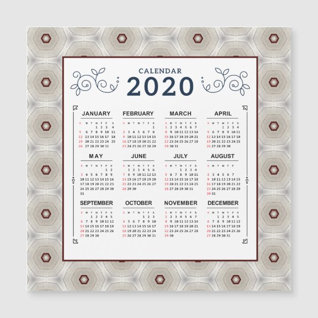 Magnet de Padrão Branco Vermelho Calendário 2020 A (Frente)