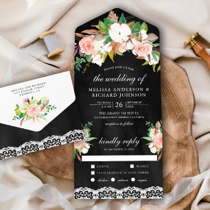 Magnólia Algodão Rubor Rosa Floral Preto Casamento