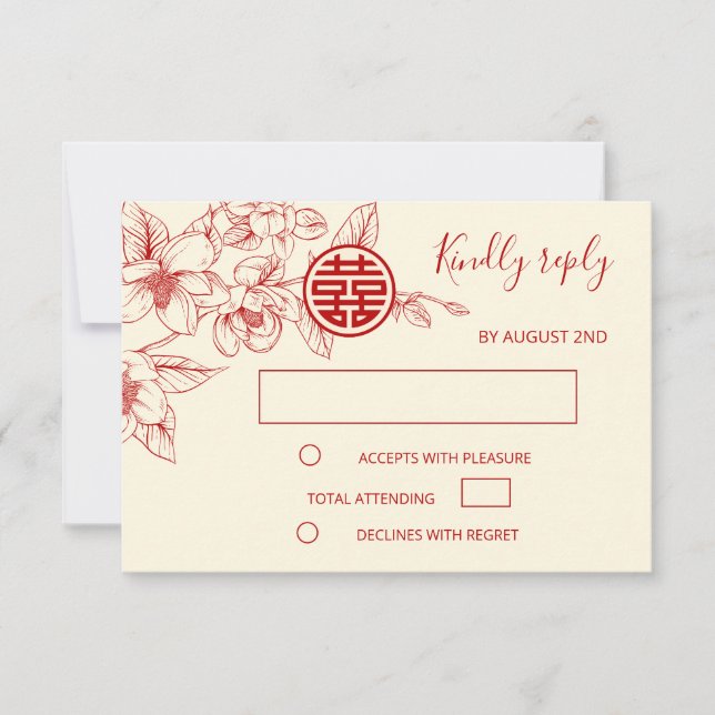 Magnolia Cream Red Chinese Wedding RSVP (Frente)
