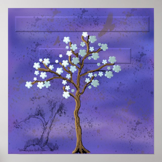 Magnolia Inspirou Árvore com Poster de Fundo Azul (Frente)