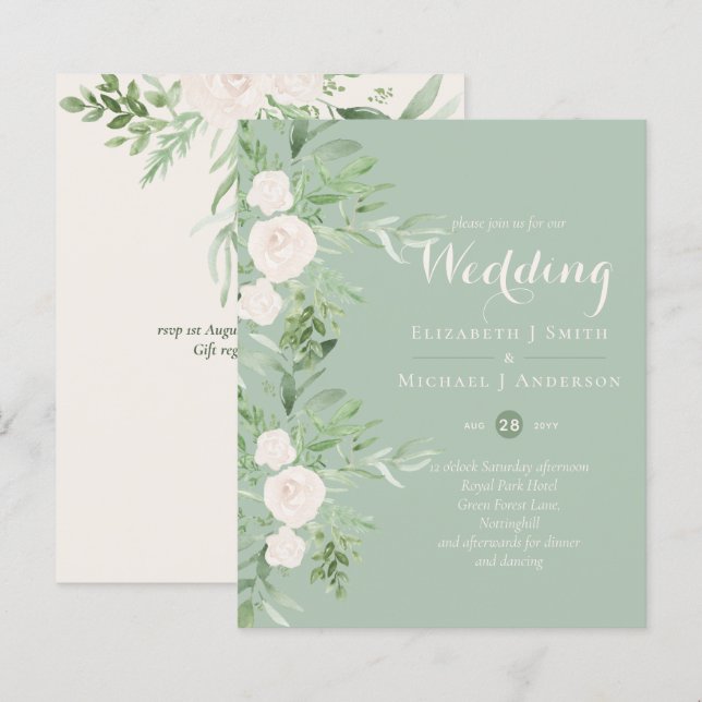 Magnolia Sage Green Floral Convites de casamento B (Frente/Verso)