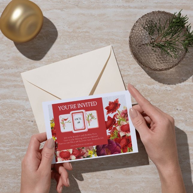 Mahjong Bold Rich Red Florals Convite (Criador carregado)
