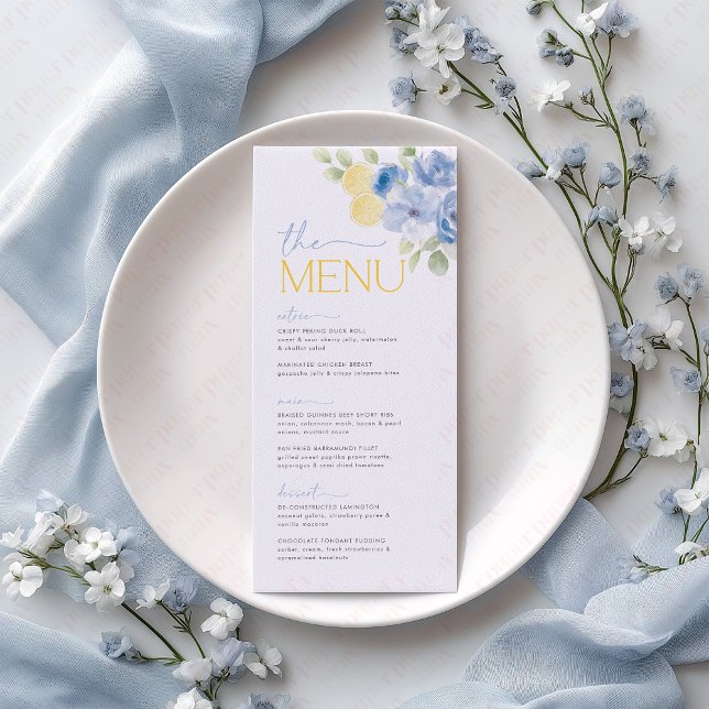 Main Squeeze Blue Flowers Lemon Bridal Shower Menu (She found her main squeeze! Blue floral lemon citrus bridal shower menu)