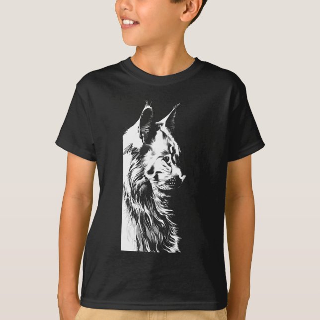 Maine Coon Boy's Black T-Shirt Kids' Cat Print (Frente)
