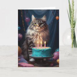 Maine Coon Cat com Cartão de Bolo de Hoje