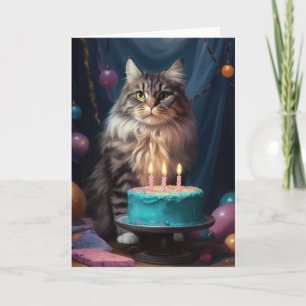 Maine Coon Cat com Cartão de Bolo de Hoje