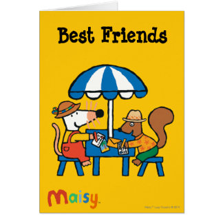 Maisy escreve cartão sob o guarda-chuva azul