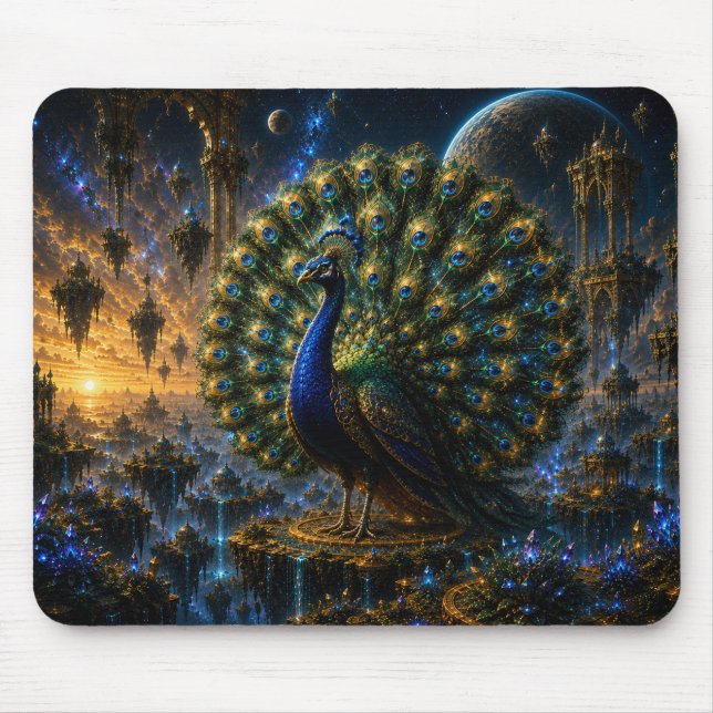 Majestic Blue & Gold Celestial Peacock Mouse Pad (Frente)