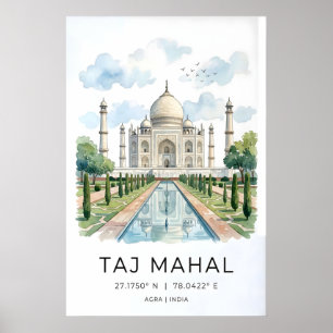 Majestoso Taj Mahal Impressão de Arte Aquarela, Su