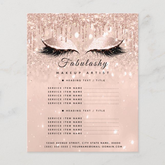 Makeup Artist Salon Glitter Flyer Rosa Price List2 (Frente)