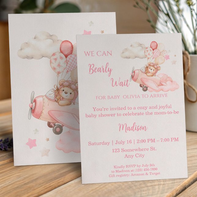 Mal Podemos Esperar Convite de Chá de Bebê Menina  (We Can Bearly Wait Aviator Teddy Bear Girl Invitation | Baby Shower)