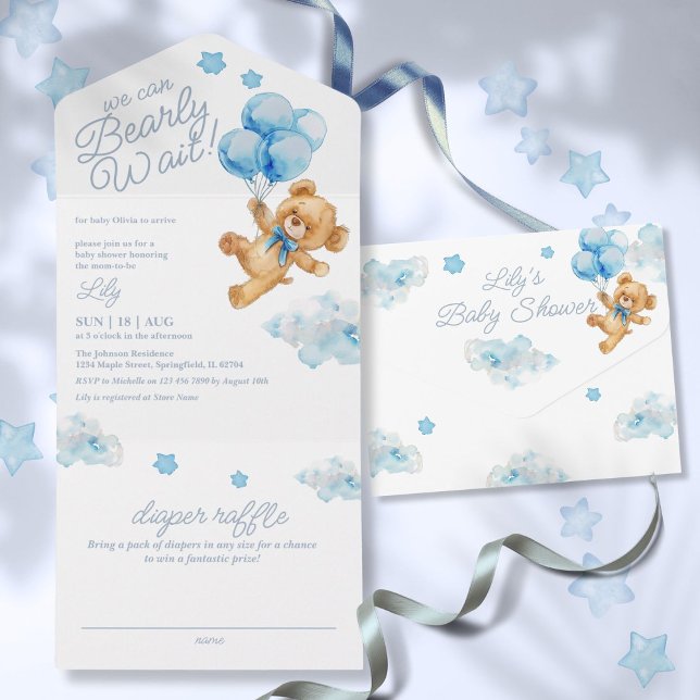 Mal Podemos Esperar Urso de Pelúcia Azul Churras d (We Can Bearly Wait Teddy Bear Blue Baby Shower All In One Invitation)
