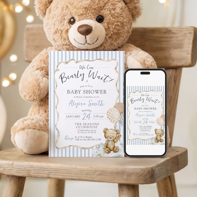 Mal Podemos Esperar Urso de Pelúcia Azul Convite d (We Can Bearly Wait teddy bear watercolor blue bow & beige ribbon digital baby boy shower invitation)