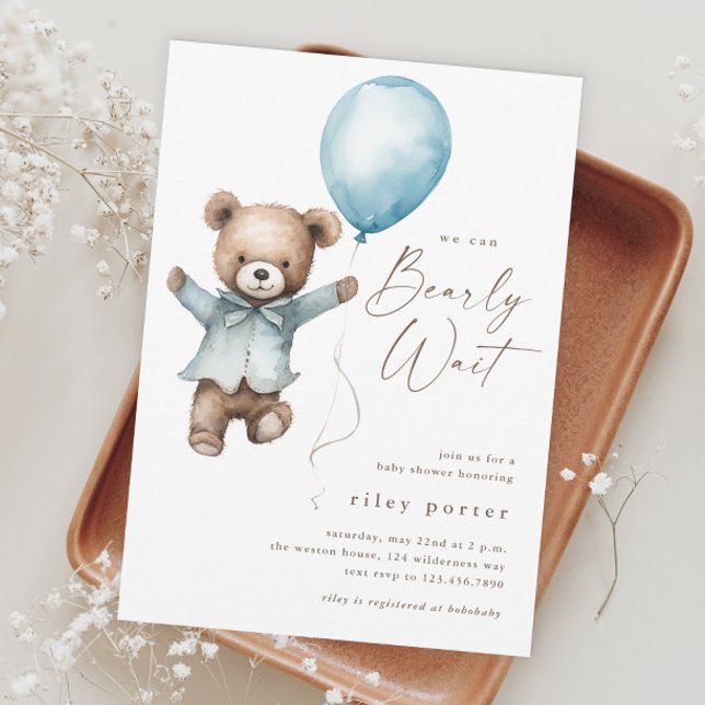 Mal Podemos Esperar Urso de Pelúcia Meninos Chás d (Can Bearly Wait Blue Balloon Boys Baby Shower Magnetic Invitation.)