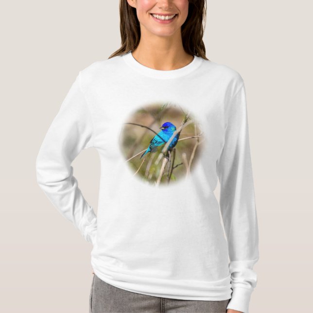 Male Indigo Bunting Songbird L/S T-Shirt (Frente)