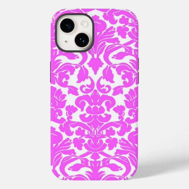 Maleta iPhone 14 do Damask Rosa-Quente (Verso)