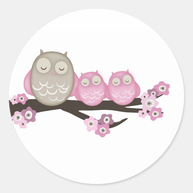 Mama Coruja e Gêmeos {Rosa} | Autocolantes (Frente)