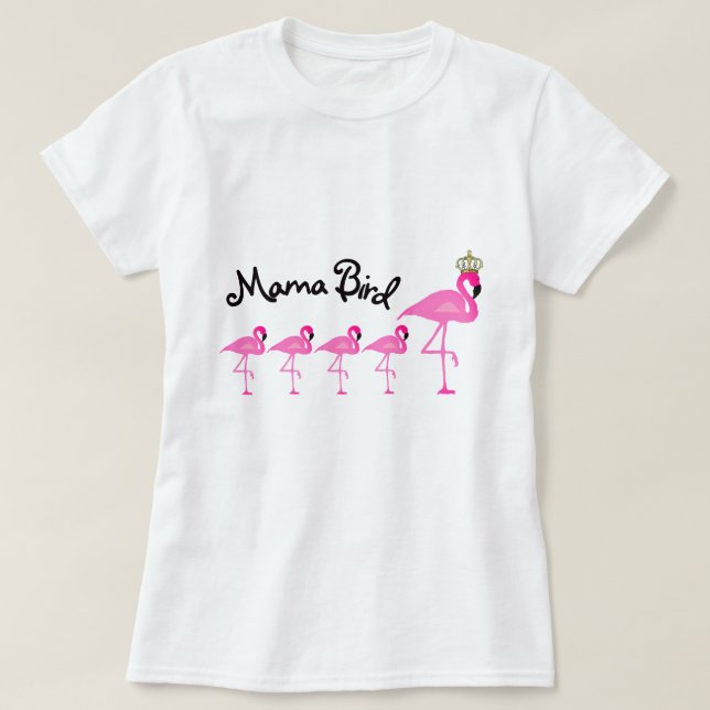 Mama Pássaro Flamingo T-shirt com quatro bebês (Frente do Design)